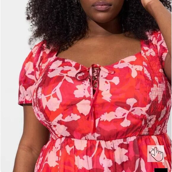 Torrid Size 1 Reddish Orange Cotton Clip Dot Lace Up Smocked Midi Dress - Picture 3 of 8